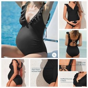 Summer Mae Ruffle One Piece Maternity Bathing Suit With Lace-up Back, Large